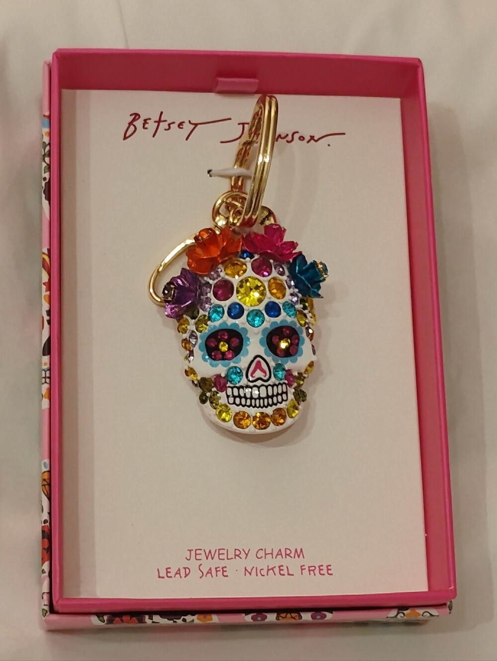 Betsey Johnson White Multicolor Crystal Sugar Skull Keychain